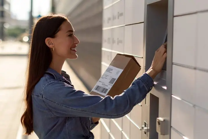 A woman holding a small mail parcel using a sunlight readable monitor at a self-service mail kiosk.