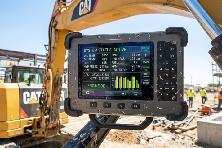 Close-up of a digital monitoring screen mounted on a Caterpillar excavator at a construction site, displaying engine and hydraulic system data while workers operate in the background.