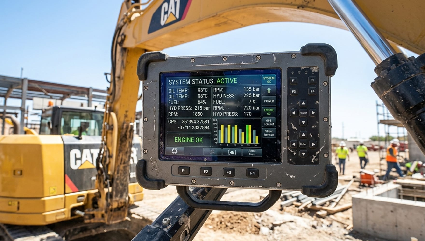 Close-up of a digital monitoring screen mounted on a Caterpillar excavator at a construction site, displaying engine and hydraulic system data while workers operate in the background.