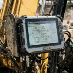 Rugged industrial touchscreen monitor mounted on heavy equipment at a construction site.