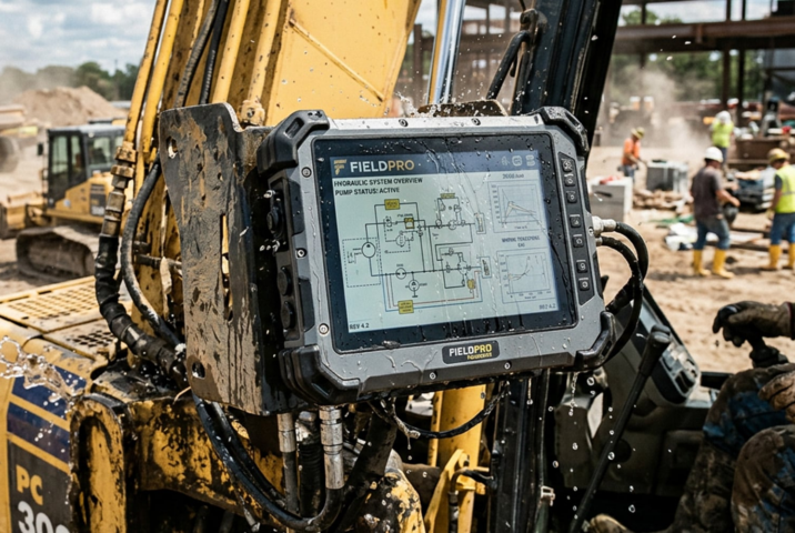 Rugged industrial touchscreen monitor mounted on heavy equipment at a construction site.