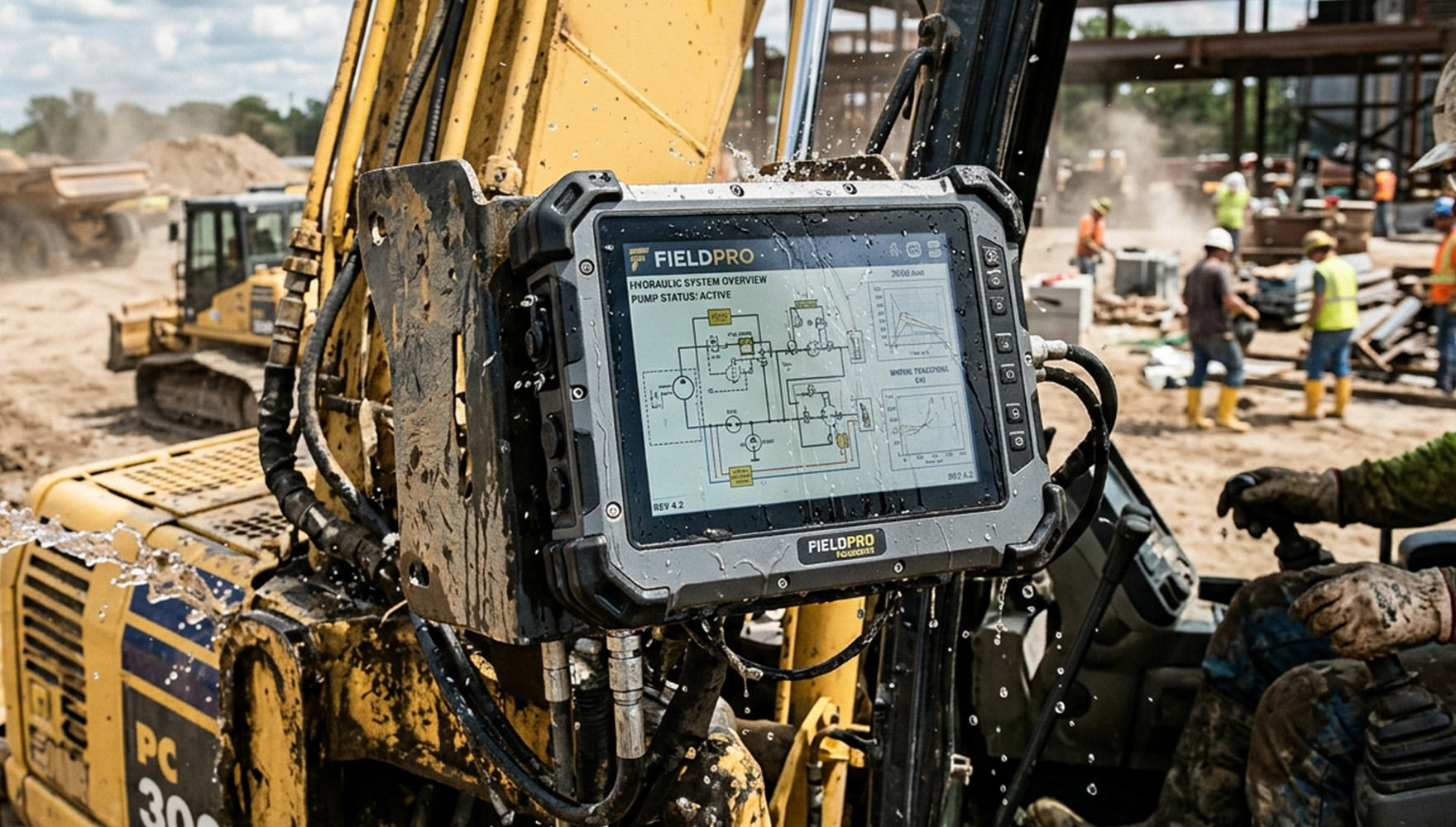 Rugged industrial touchscreen monitor mounted on heavy equipment at a construction site.